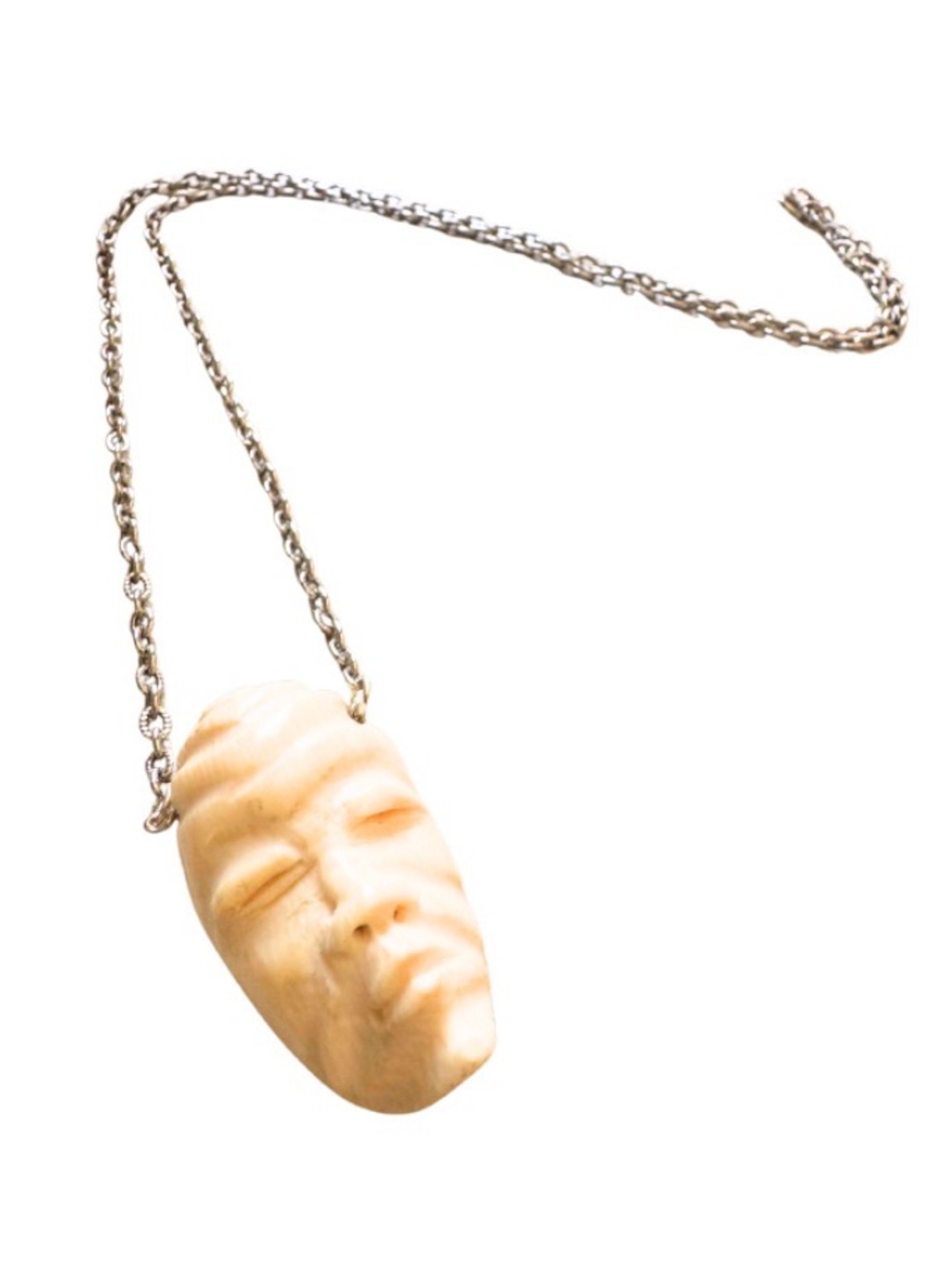 Vintage Cream Carved Face Pendant Necklace with Silver Chain
